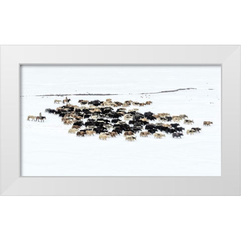 Yaks In Snow White Modern Wood Framed Art Print by Zhu, Hua