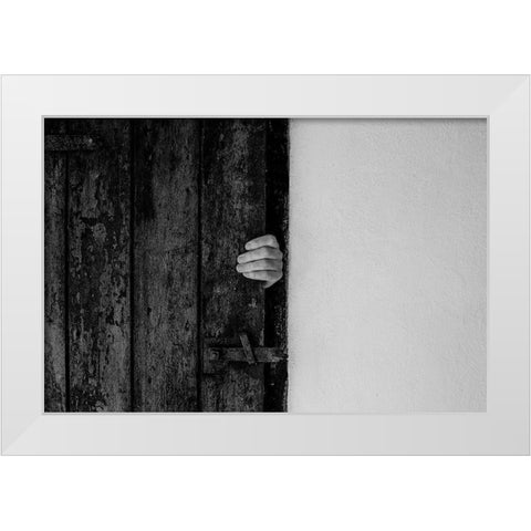 Hand On Door White Modern Wood Framed Art Print by Schuster, Inge