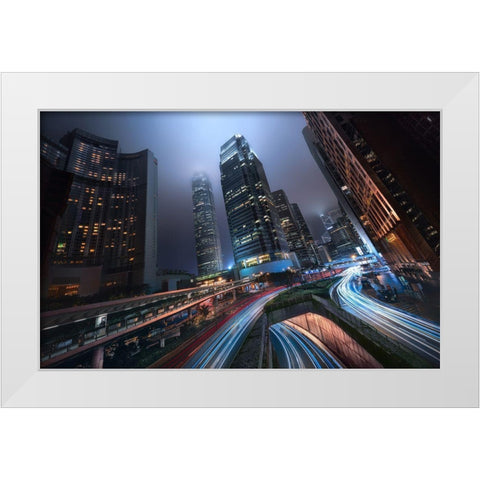 Hong Kong City Lights White Modern Wood Framed Art Print by M. Garcia, Jesus