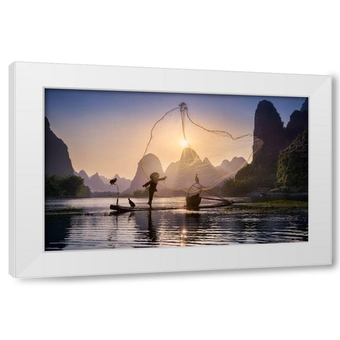 Fishing The Sun White Modern Wood Framed Art Print by M. Garcia, Jesus