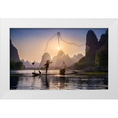 Fishing The Sun White Modern Wood Framed Art Print by M. Garcia, Jesus