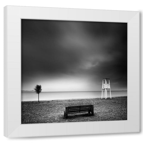 Bench On The Beach White Modern Wood Framed Art Print by Digalakis, George