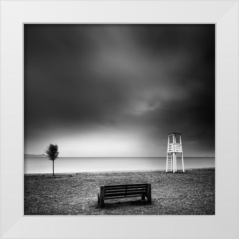 Bench On The Beach White Modern Wood Framed Art Print by Digalakis, George