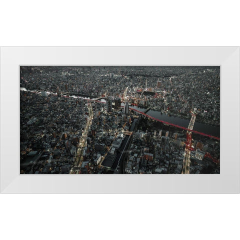 Red Line In The Dark Tokyo. White Modern Wood Framed Art Print by Chiriaco, Carmine