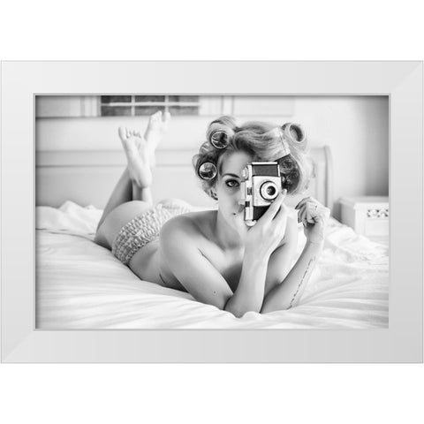 A Chick, A Click, And A Curl White Modern Wood Framed Art Print by Pagan_Moon