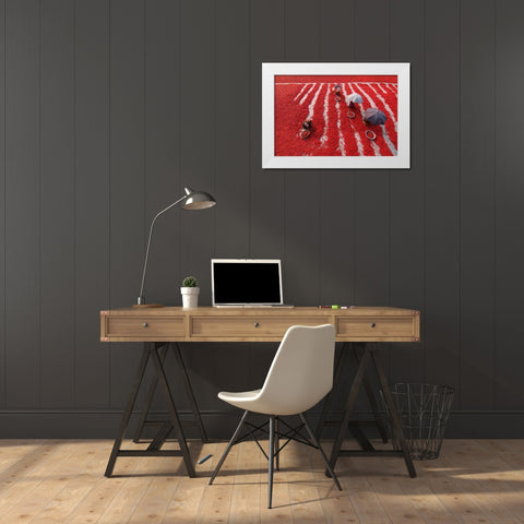 Red Chilies Pickers White Modern Wood Framed Art Print by Khan Ronnie, Azim