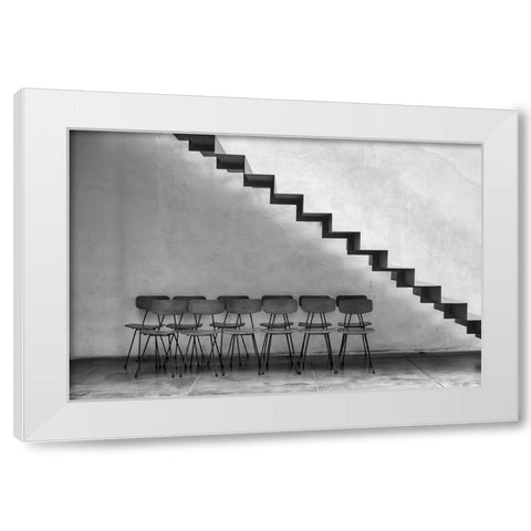 Chairs Tucked In White Modern Wood Framed Art Print by Erkmen, Ugur