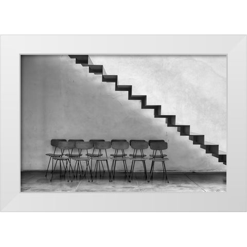 Chairs Tucked In White Modern Wood Framed Art Print by Erkmen, Ugur