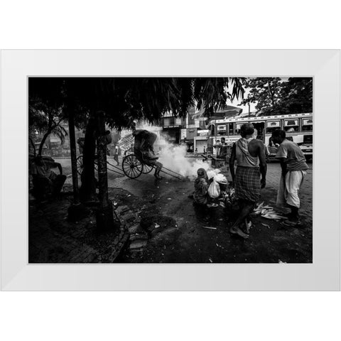 Streets Of Colcatta - India White Modern Wood Framed Art Print by Inazio Kuesta, Joxe