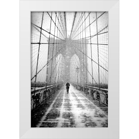 New York Walker in Blizzard - Brooklyn Bridge White Modern Wood Framed Art Print by Froyda, Martin
