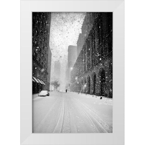 New York Walker In Blizzard White Modern Wood Framed Art Print by Froyda, Martin