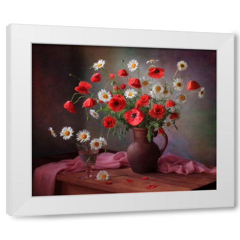 Still Life With A Bouquet Of Poppies And Chamomile White Modern Wood Framed Art Print by Skorokhod, Tatyana