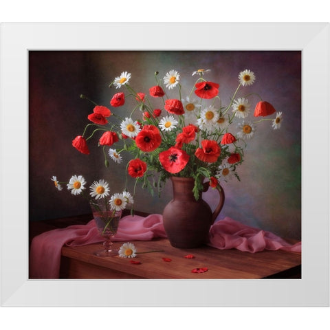Still Life With A Bouquet Of Poppies And Chamomile White Modern Wood Framed Art Print by Skorokhod, Tatyana