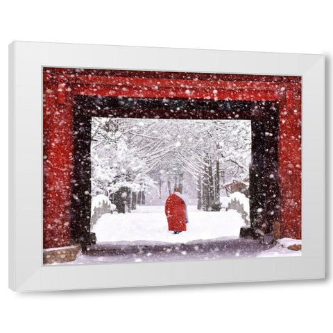 Monk In Snowy Day White Modern Wood Framed Art Print by Namkoong, Bongok