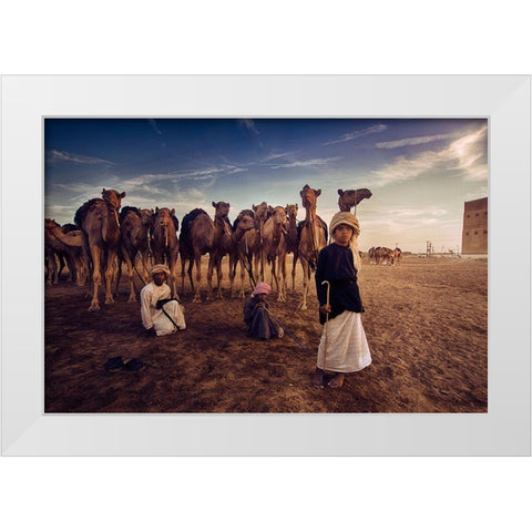 Boys With Camles White Modern Wood Framed Art Print by Nid