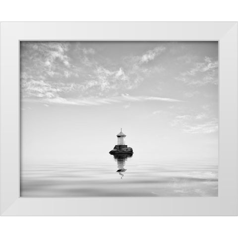 Lighthouse In Mist White Modern Wood Framed Art Print by Lindsten, Christian