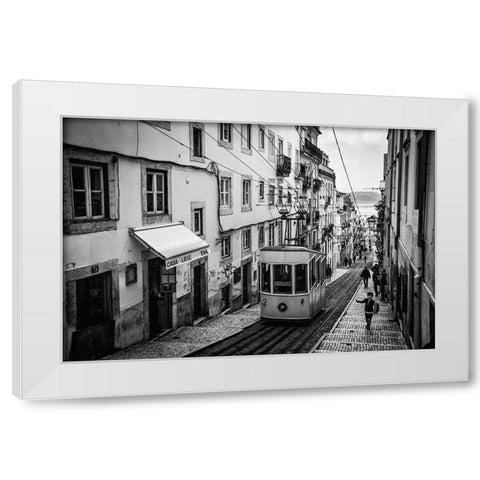 Tram In Lisbon White Modern Wood Framed Art Print by Urrutia, Adolfo