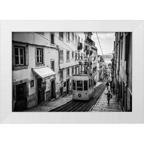 Tram In Lisbon White Modern Wood Framed Art Print by Urrutia, Adolfo