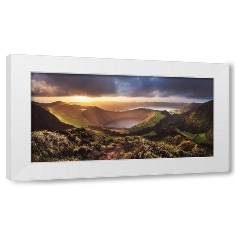 Azores - Sete Cidades Sunset Panorama White Modern Wood Framed Art Print by Claude Castor, Jean