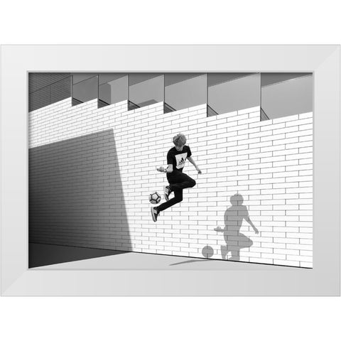 Boy With Football White Modern Wood Framed Art Print by Schuster, Inge