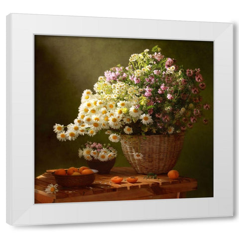 Still Life With A Basket Of Wildflowers White Modern Wood Framed Art Print by Skorokhod, Tatyana