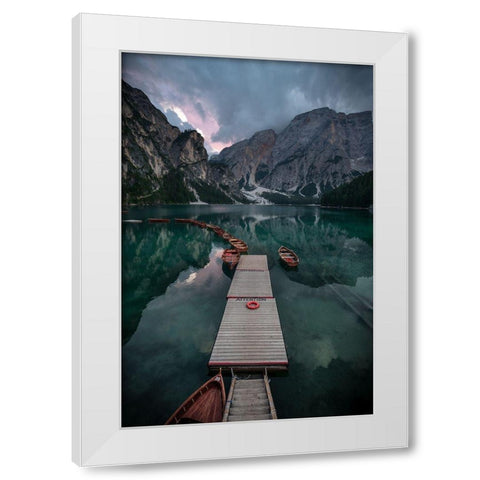 Braies Reflections White Modern Wood Framed Art Print by Tagliarino, Marco
