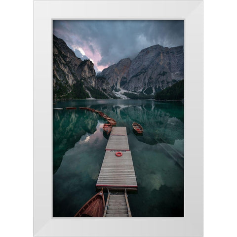 Braies Reflections White Modern Wood Framed Art Print by Tagliarino, Marco