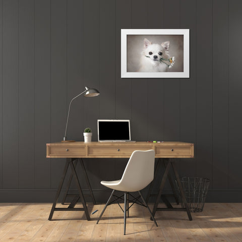 Chihuahua With Flowers White Modern Wood Framed Art Print by Lienjp