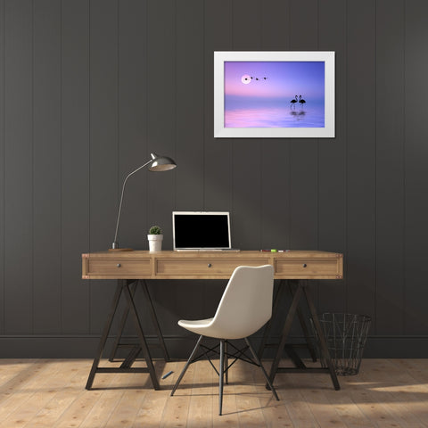 Flying Flamingo White Modern Wood Framed Art Print by Hamiti, Bess
