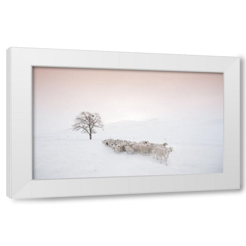 Flock Looking For Food White Modern Wood Framed Art Print by Z, Bingo