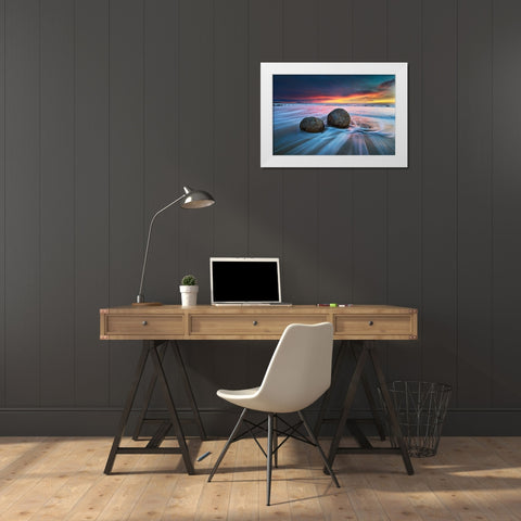 Moeraki Boulders White Modern Wood Framed Art Print by Zhang, Yan