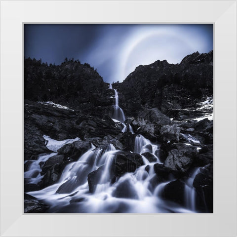 Moonrise At The Waterfall White Modern Wood Framed Art Print by Muqa, Burim
