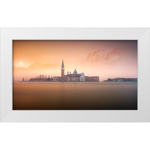 Venice Pink Sunrise White Modern Wood Framed Art Print by Joanaduenas