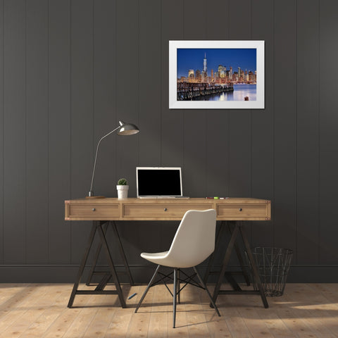 Manhattan Skyline At Night White Modern Wood Framed Art Print by Froyda, Martin