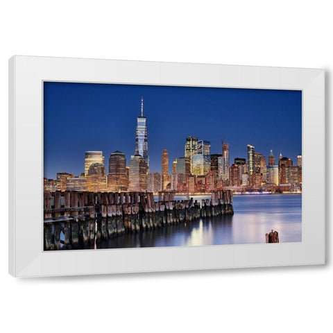 Manhattan Skyline At Night White Modern Wood Framed Art Print by Froyda, Martin