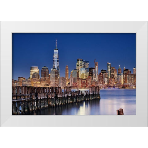 Manhattan Skyline At Night White Modern Wood Framed Art Print by Froyda, Martin