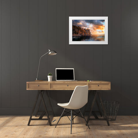 A Cloudy Day At Split Rock Lighthouse White Modern Wood Framed Art Print by He, Like