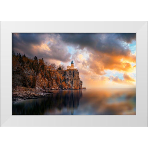 A Cloudy Day At Split Rock Lighthouse White Modern Wood Framed Art Print by He, Like