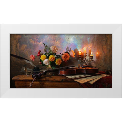Still Life With Violin And Flowers White Modern Wood Framed Art Print by Morozov, Andrey