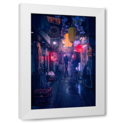 Tokyo Blue Rain White Modern Wood Framed Art Print by De La, Javier