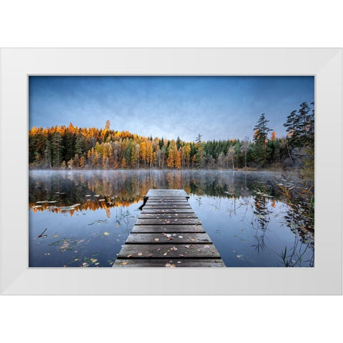 Autumn Pier White Modern Wood Framed Art Print by Keller
