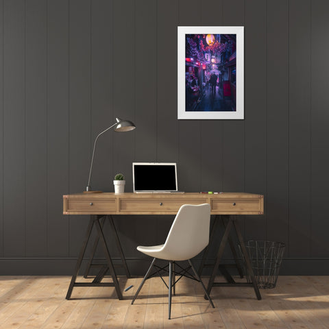 Tokyo Blue Rain White Modern Wood Framed Art Print by De La, Javier