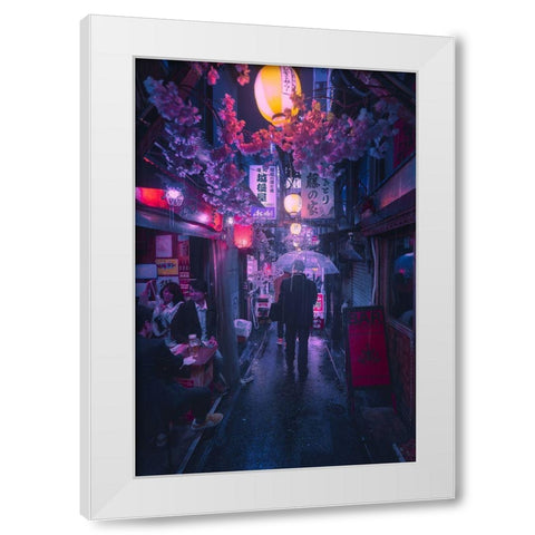Tokyo Blue Rain White Modern Wood Framed Art Print by De La, Javier