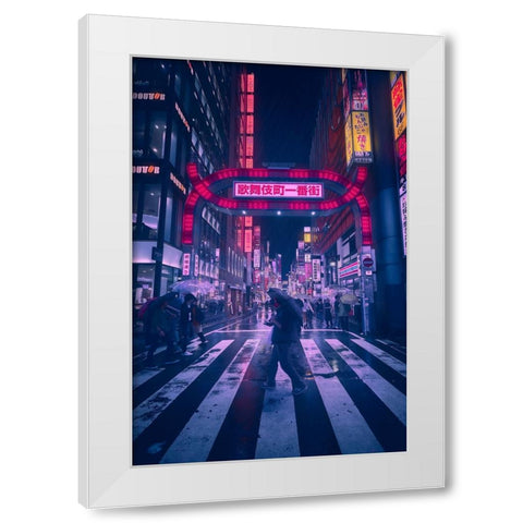 Tokyo Blue Rain White Modern Wood Framed Art Print by De La, Javier