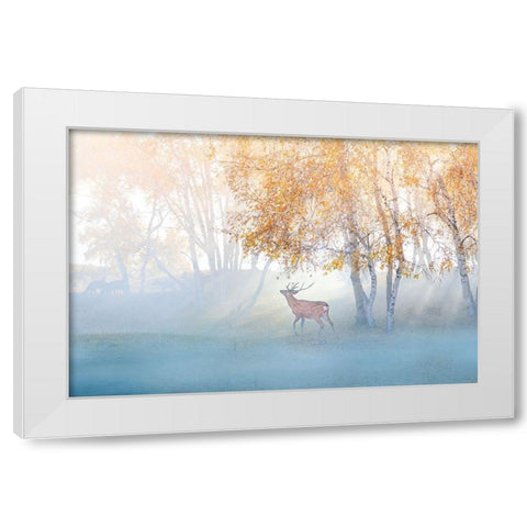 Elk Lost In Mist White Modern Wood Framed Art Print by Simoon