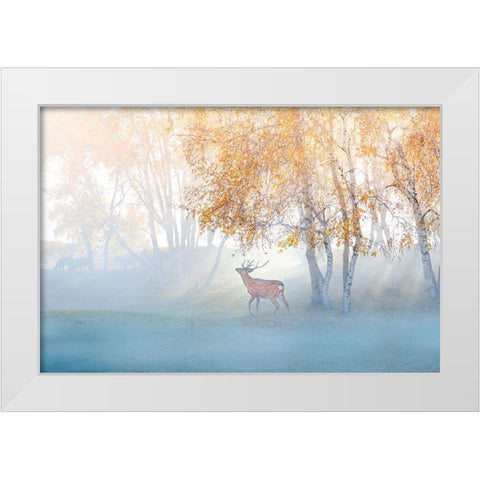 Elk Lost In Mist White Modern Wood Framed Art Print by Simoon