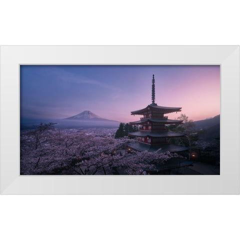 Mt Fuji Sakura White Modern Wood Framed Art Print by De La, Javier