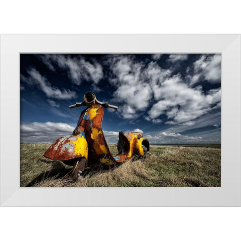 Yellow Scooter White Modern Wood Framed Art Print by H. Ingibergsson, Torsteinn