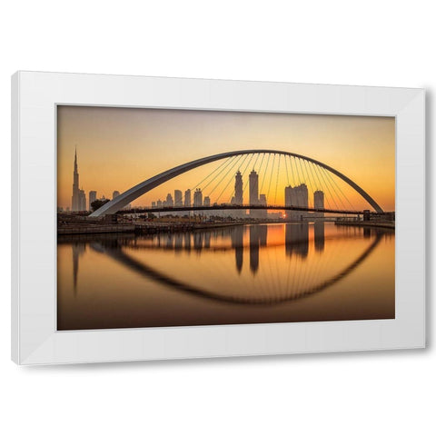 Sunrise At The Dubai Water Canal White Modern Wood Framed Art Print by Shamaa, Mohammed