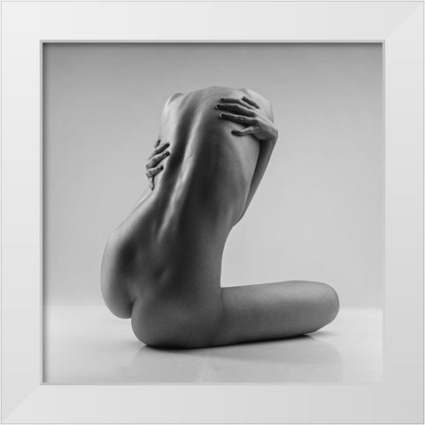 Hug Her Back White Modern Wood Framed Art Print by Valevicius, Aurimas